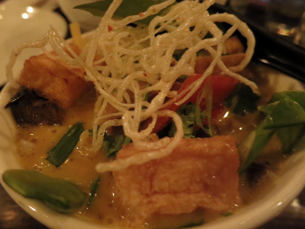 Chicken Hawker Laksa Lemak Spicy Coconut Curry Soup, Rice Noodles, Tofu, Puffs, Snow Peas, Red Pepper, Eggplant, Cilantro