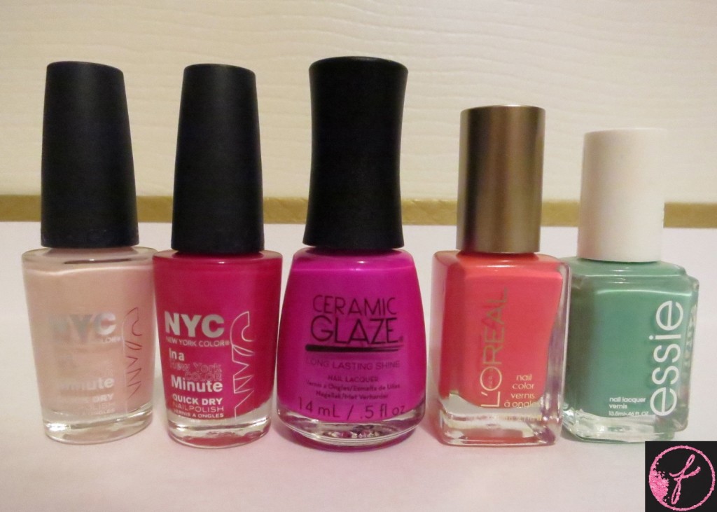 (From Left to Right) NYC IN Prospect Park Bloom, NYC in Midtown, Ceramic Glaze in Exotic Dragon Fruit, L'Oreal in Orange You Jealous?, Essie in Turquoise & Caicos