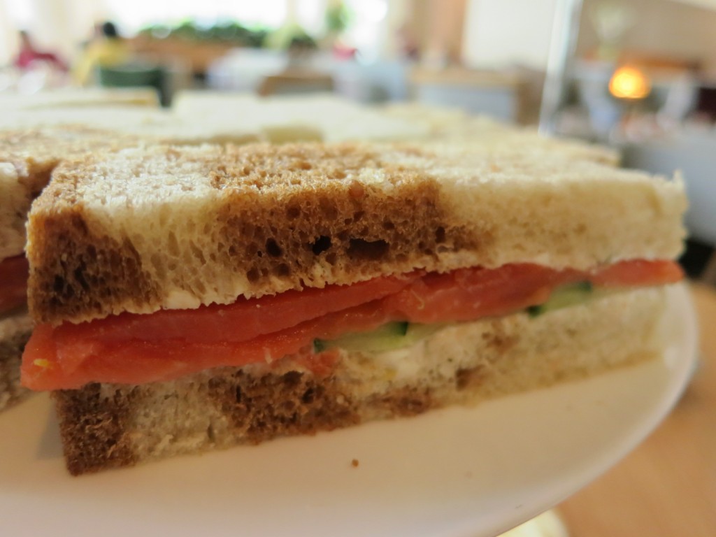 Smoked Salmon and Cucumber with Herbed Crème Fraiche on Marble Rye Bread 