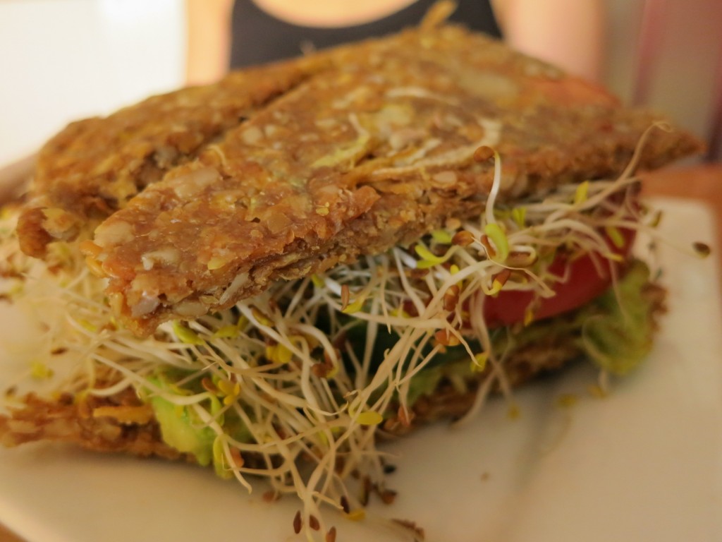 Rawitch Onion bread with guacamole, tomatoes, cucumbers & alfalfa sprouts drizzled with balsamic vinaigrette