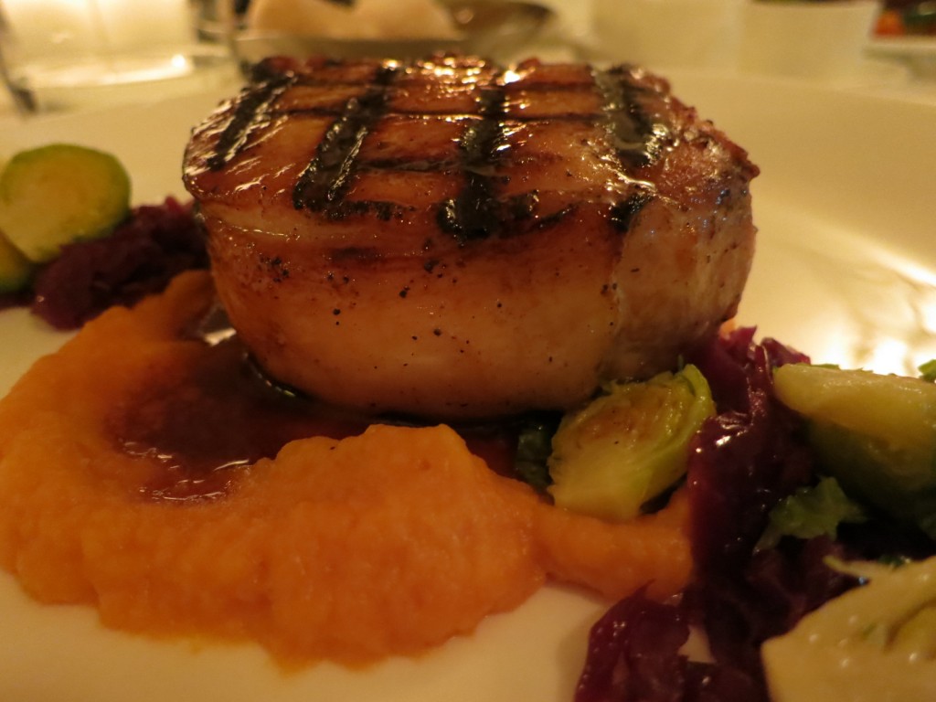 Winterlicious 2012 ork Chop grilled pork chop, Brussels sprouts, braised red cabbage, roasted sweet potato purée, bacon jus