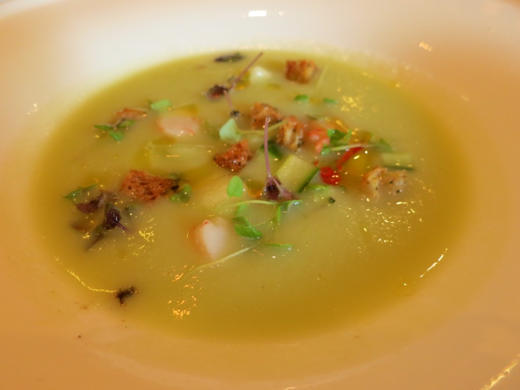 Summerlicious 2013 Melon Gazpacho honeydew melon, cucumber, poached shrimp, Thai basil, sourdough croûton