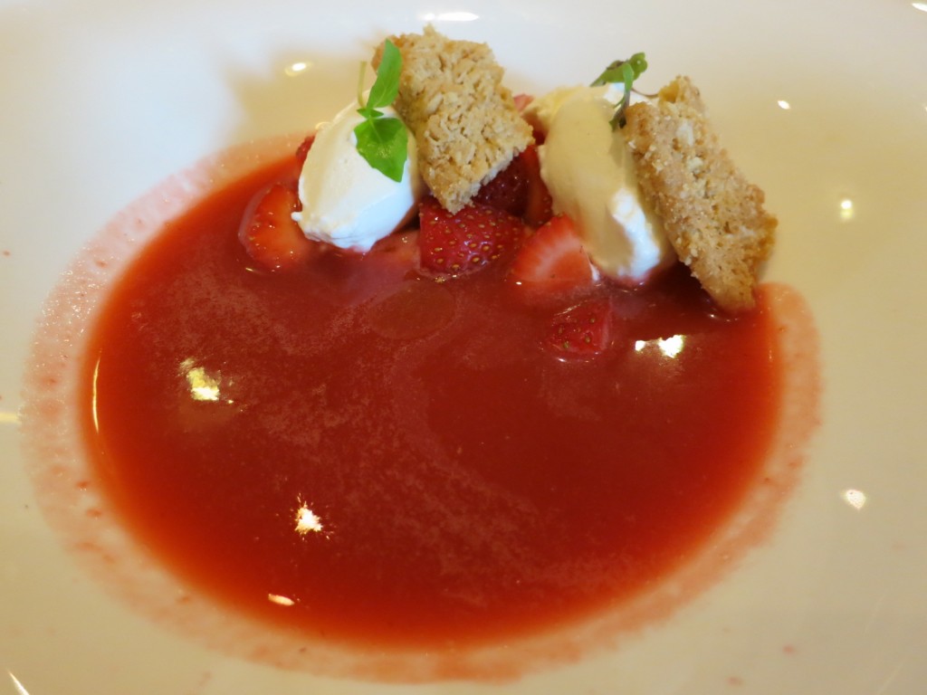 Summerlicious 2013 Strawberries & Cream Ontario strawberry soup, basil Chantilly, oat crisp 