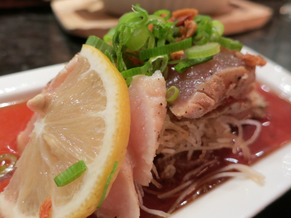 MAGURO TATAKI seared BC tuna sashimi with ponzu and garlic chips