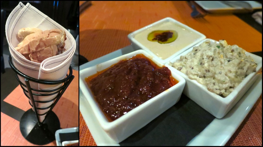 Bread with 3 Dips: Baba Ganoush, Hummus and Roasted Red Pepper