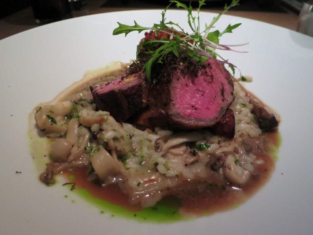 Roasted Lamb Loin mushroom risotto, beets, lamb croquette, truffle, mint, lemon & lamb jus