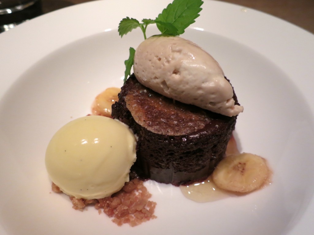 Chocolate Torte espresso mousse, caramelized bananas, vanilla ice cream