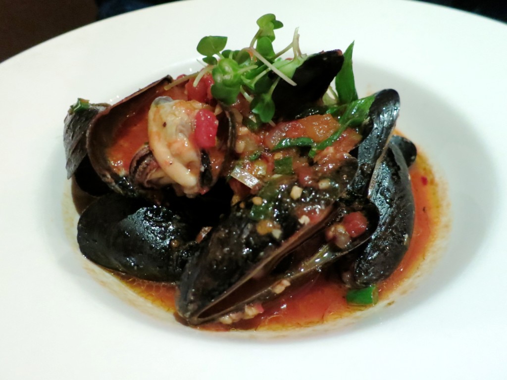 Steamed Mussels, Fresh Basil, Scallions in a Spicy San Marzano Tomato Broth