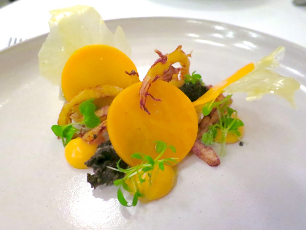 Squash squash four ways (pickled, pureed, fried, dehydrated) with black garlic cake, ginger, olive oil and herbs