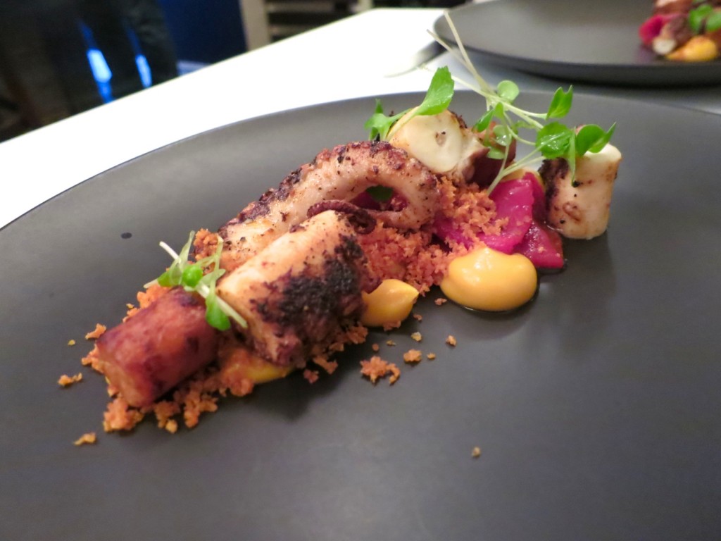 Octopus seared octopus in chermoula, with red radish, chorizo, smoked pomme purée and salsa rojo
